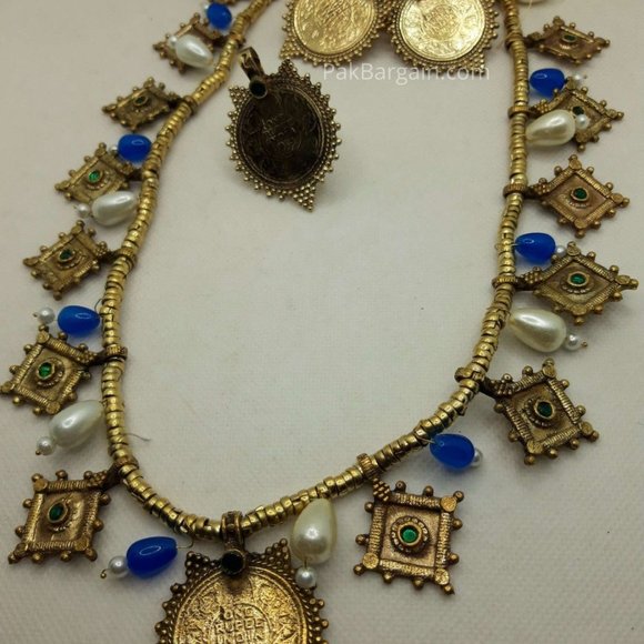 Afghan Tribal Vintage Hasli Pearls Choker Necklace With Coins Earrings and Ring - Picture 9 of 18